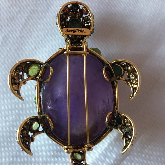 IRADJ MOINI Vintage Costume Jewelry Large Turtle Gemstone Brooch Pin Pendant - Picture 3 of 7